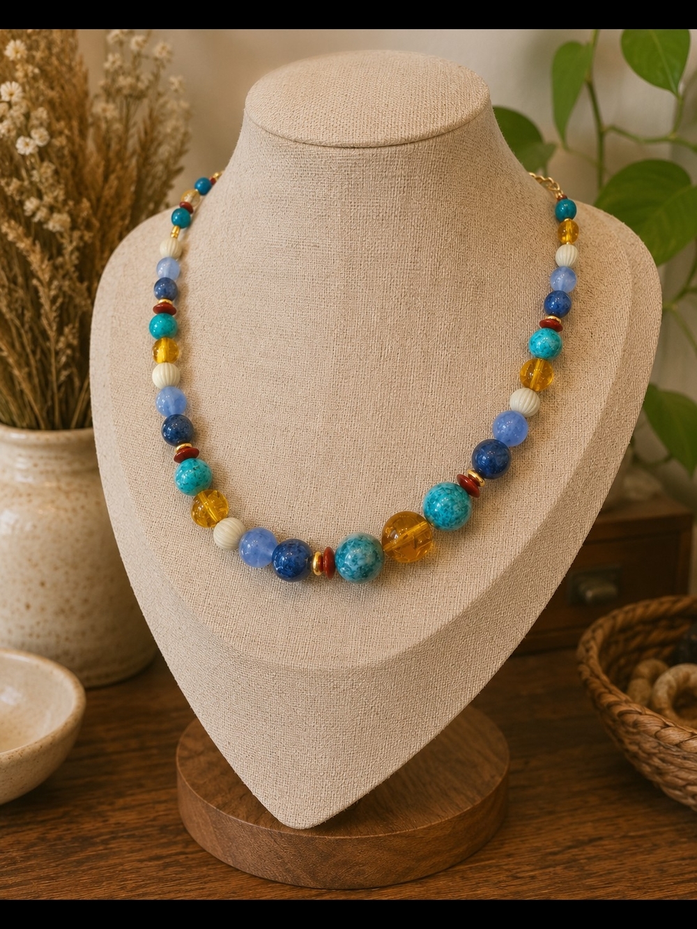 Liz Claiborne Vintage Turquoise & Amber Colored Glass Bead Necklace - Boho
